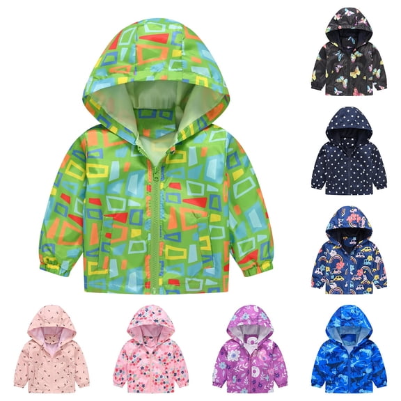 Kids Boys Girls Geometric Color Block Hooded Windbreaker Zip Up Lightweight Raincoat 18-24 Months Fall Fashion Clothes