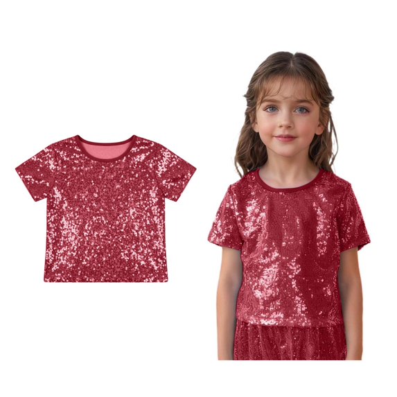 Kids Boys Girls Glitter Sparkly Crop Tops Short Sleeves Tee Shirt Latin Jazz Hi Hop Performance 3-7 Years