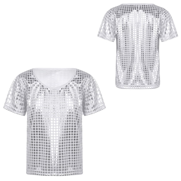 Kids Boys Girls Glitter Sparkly Short Sleeves Dance Top T-Shirt Latin Jazz Hi Hop Dance Party Stage Performance 6-7 Years