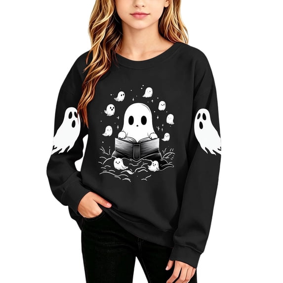 Kids Boys Girls Halloween Crewneck Sweatshirt, Long Sleeve Ghost Graphic Pullover Tops Ribbed Cuffs, Holiday Party Outfit for School Daily Black 12-13T