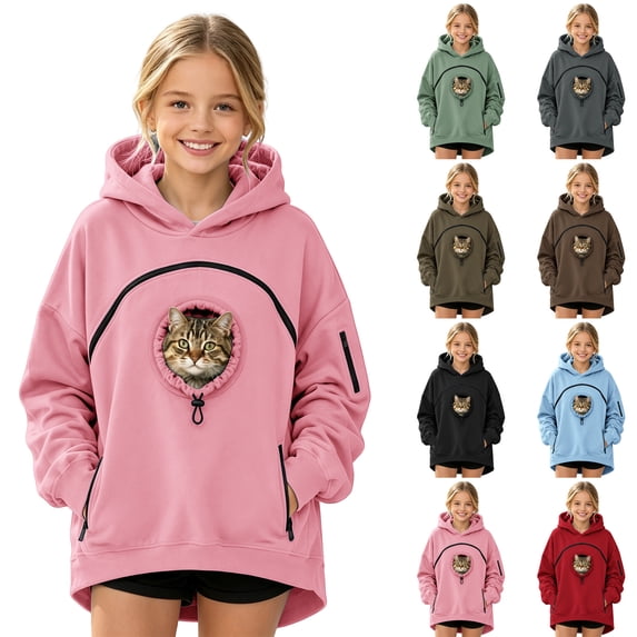 Kids Boys Girls Hoodie Pet Pouch Pet Carrier Oversized Kangaroo Pocket Pullover Tops Soft Fleece Hoodie with Dog Pouch Animal Holder Warm Winter Hoodie Sweatshirts