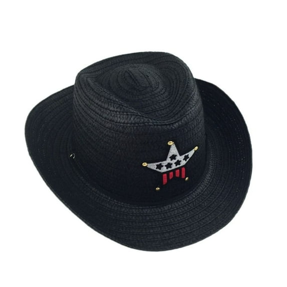 Kids Boys Girls Jazz Hat Bucket Hat Straw Sun Cap Children Hats Cowboy Hat Pentagram Hat BLACK
