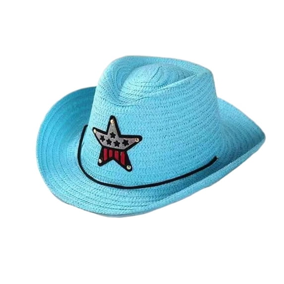 Kids Boys Girls Jazz Hat Bucket Hat Straw Sun Cap Children Hats Cowboy Hat Pentagram Hat BLUE