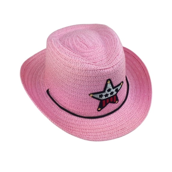 Kids Boys Girls Jazz Hat Bucket Hat Straw Sun Cap Children Hats Cowboy Hat Pentagram Hat PINK