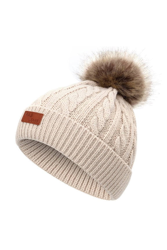 Kids Boys Girls Knit Beanies Hats Cut Furry Pompom Bobble Winter Hat Toddler Fleece Lined Strenchy Warm Caps Brown 1-11 Years