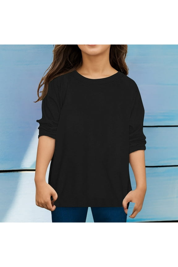 Kids Boys Girls Long Sleeve T Shirts Crewneck Solid Color Tops Raglan Sleeve Curve Hem Tunic Tees Soft Fall Clothes Shirts Birthday Christmas New Year Back To School Gifts 2-13Y Black,100=2-3Y