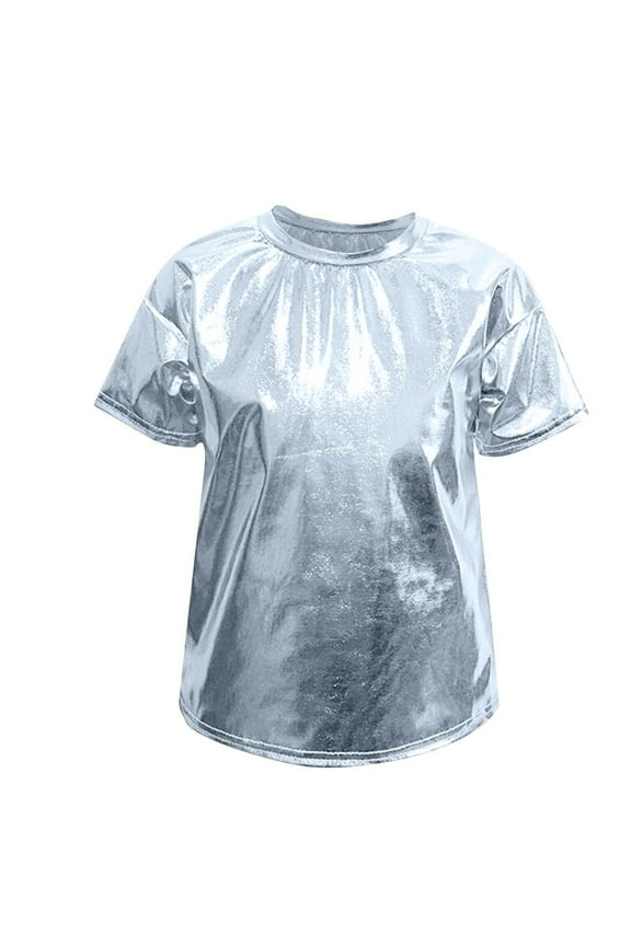 Kids Boys Girls Metallic Shiny T-Shirt Jazz Hip Hop Dance Tops Short Sleeves Loose T-Shirt for Performance Costume Glitter Metallic Shiny T Shirt