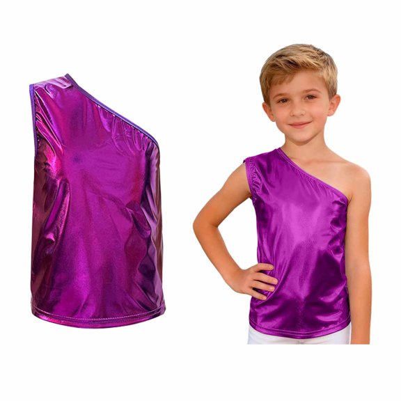 Kids Boys Girls Off Shoulder Dance Vest Sleeveless Metallic Sparkle Shiny Tank Tops Cheer Jazz Dance Party Stage Performance 7-8 Years