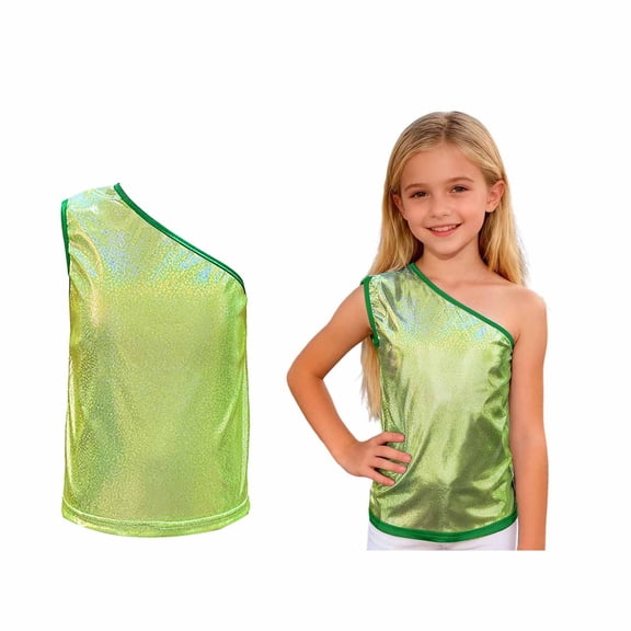 Kids Boys Girls Off Shoulder Sequins Dance Vest Sleeveless Shiny Metallic Y2K Top Belly Hip Hop Jazz Stage Performance 3-4 Years
