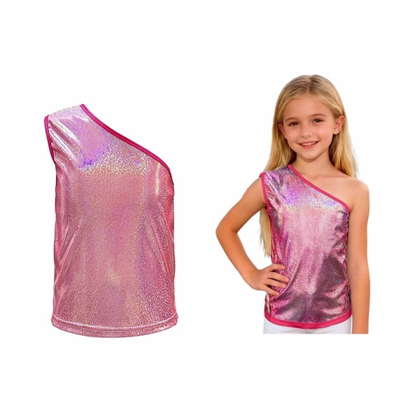 Kids Boys Girls Off Shoulder Sequins Vest Sleeveless Metallic Sparkle Shiny Y2K Top Latin Jazz Hi Hop Performance Oufits 3-4 Years
