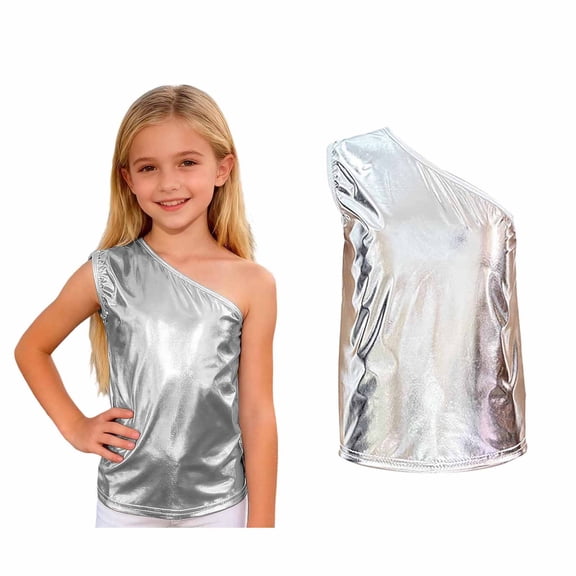 Kids Boys Girls Off Shoulder Vest Sleeveless Sparkly Metallic Shiny Y2K Top Ballet Latin Jazz Dance Performance 3-4 Years