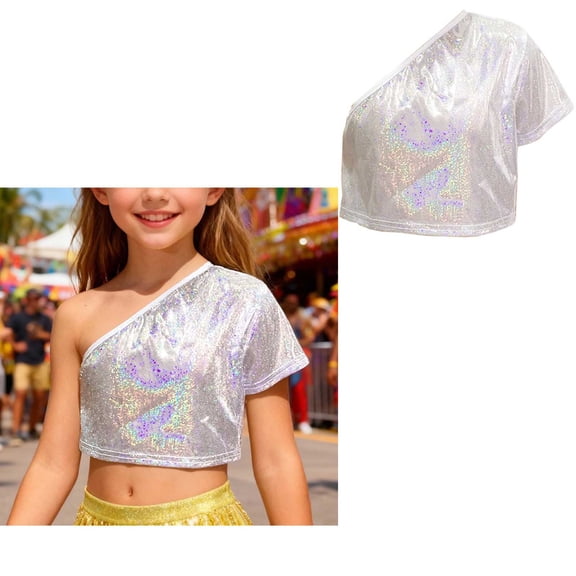 Kids Boys Girls One-Shoulder Crop Top Metallic Sparkle Tee Shirt Cheer Jazz Dance Party 7-8 Years