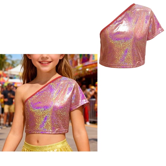 Kids Boys Girls One-Shoulder Sequins Tops Shimmering Metallic Dance Top T-Shirt Belly Hop Jazz Performance Party 3-4 Years