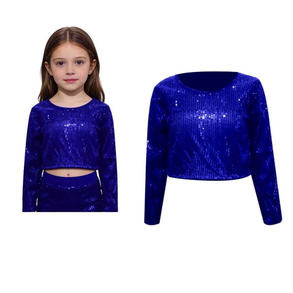 Kids Boys Girls Sequins Glitter Patch Crop Tops Long Sleeve Tee Top Latin Jazz Ballet Performance Oufits 3-10 Years