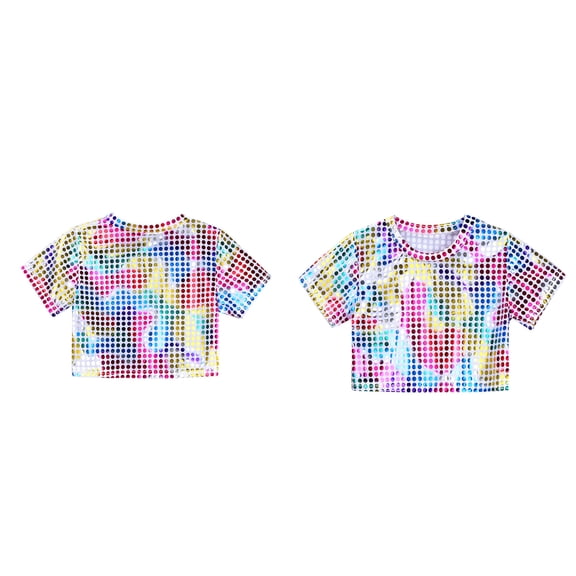 Kids Boys Girls Sequins Glitter Patch Cropped Top Short Sleeves Tee Shirt Jazz Ballet Performance 5-6 Years