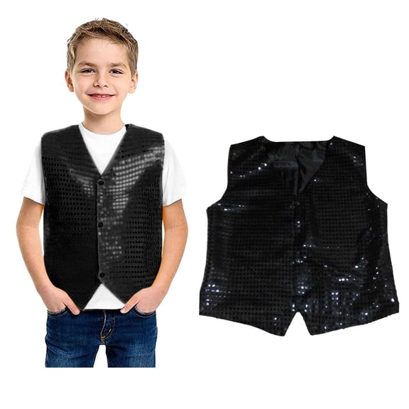 Kids Boys Girls Sequins Vest Sleeveless Button Down Waistcoat Tops for Ballet Latin Jazz Party Performance 5-6 Years