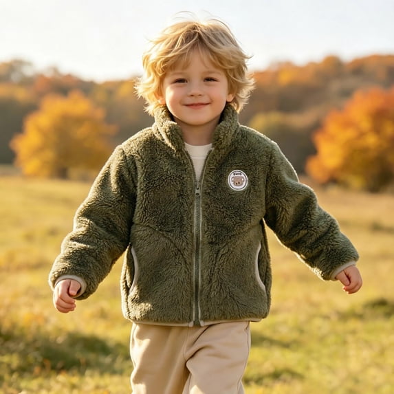 Kids Boys Girls Sherpa Fleece Zip Up Jacket with Stand Collar (Army Green)