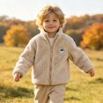 thumbnail image 1 of Kids Boys Girls Sherpa Fleece Zip Up Jacket with Stand Collar (Khaki), 1 of 5