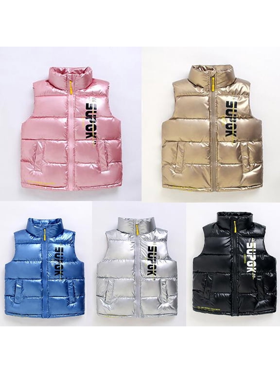 Kids Boys Girls Shiny Metallic Puffer Vest Zip Up Stand Collar Sleeveless Outerwear 5-6 Years Spring Fall Winter Jacket