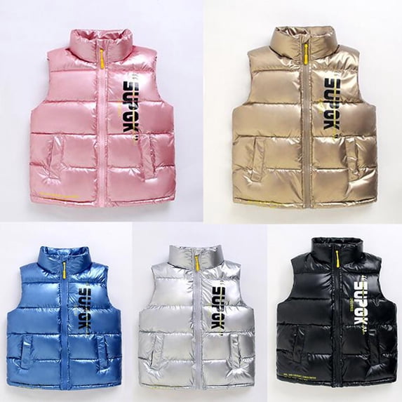 Kids Boys Girls Shiny Metallic Puffer Vest Zip Up Stand Collar Sleeveless Winter 6-8 Years Windproof Lightweight Warm Outerwear
