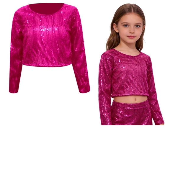 Kids Boys Girls Shiny Sequins Crop Tops Long Sleeve Tops Blouse Cheer Jazz Performance Party 3-10 Years