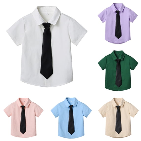 Kids Boys Girls Short Sleeve Dress Shirt with Tie, Solid Color Button Up Top,Formal Wear School Uniform Candy Color Shirt Summer Tee for Boys Girls 2-16 Years