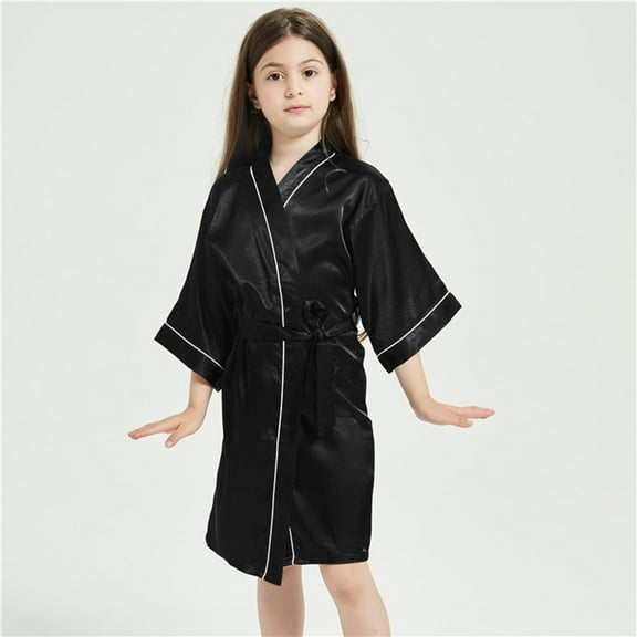 Kids Boys Girls Silk Satin Bathrobe Kimono Robes Nightgown Sleepwear Clothes Black 7-8 Years