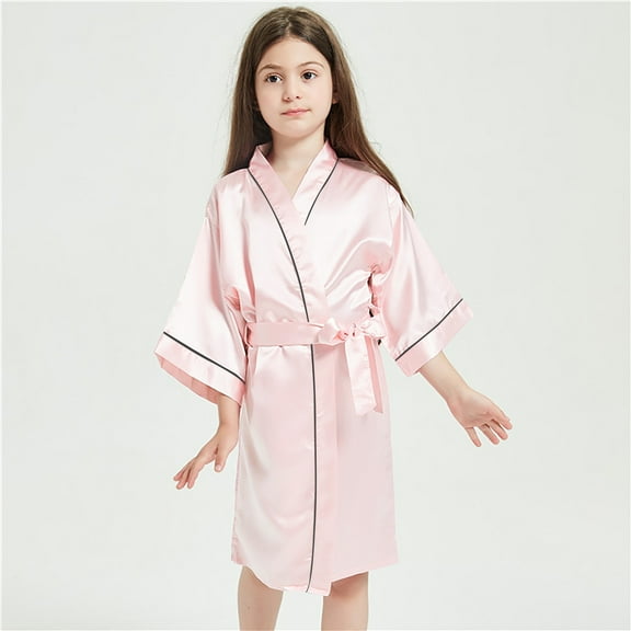Kids Boys Girls Silk Satin Bathrobe Kimono Robes Nightgown Sleepwear Clothes Pink 11-12 Years