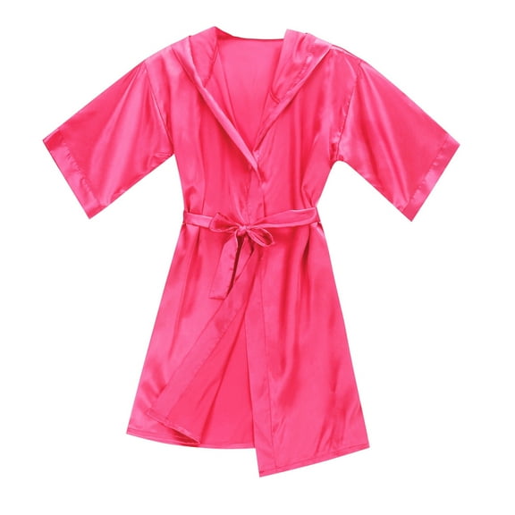 Kids Boys Girls Silk Satin Hooded Bathrobe Kimono Robes Nightgown Sleepwear Clothes Hot Pink 10-12 Years