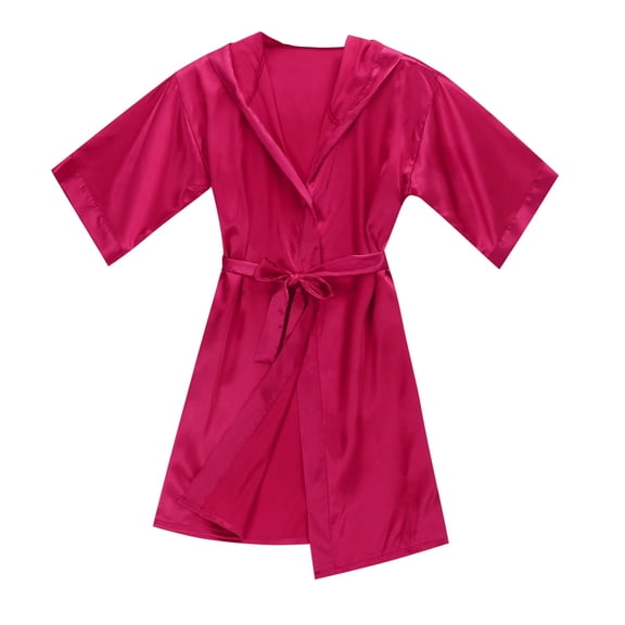 Kids Boys Girls Silk Satin Hooded Bathrobe Kimono Robes Nightgown Sleepwear Clothes Watermelon Red 10-12 Years