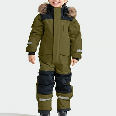 Kids Boys Girls Snowsuits Size 10/12 Hooded Outdoor Windproof Overalls Snowboarding Warm Padded Ski Suits Snowsuits Thicker Jackets Winter Ski Coveralls Jumpsuits Army Green Size 12-13 Year 150