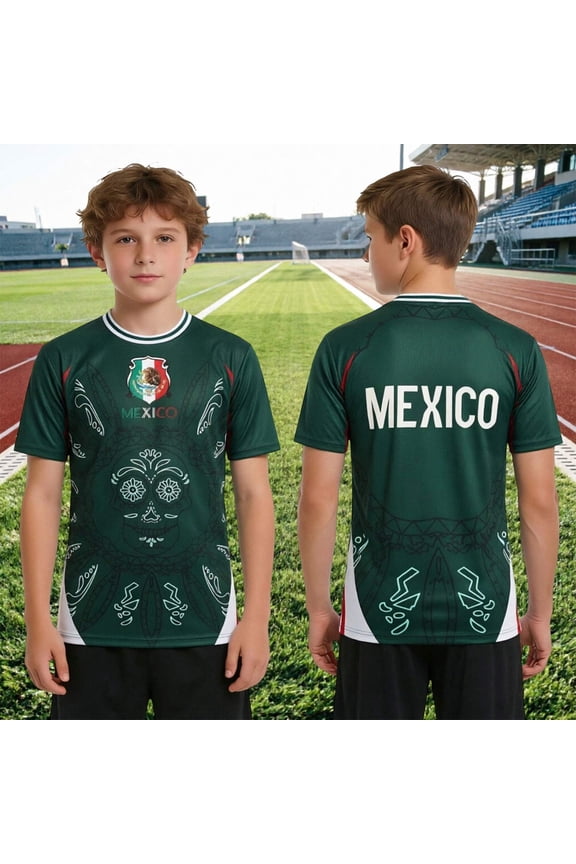 Kids Boys Girls Soccer Raglan Top Football Mexico Jersey Short Sleeve Boys 2026 Fan International Shirts Streetwear Summer Graphic Tee Tops 1-13 Years