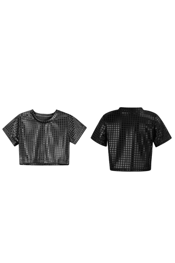 Kids Boys Girls Sparkle Sequins Crop Tops Short Sleeves Loose T-Shirt Jazz Ballet Performance Party 4-5 Years