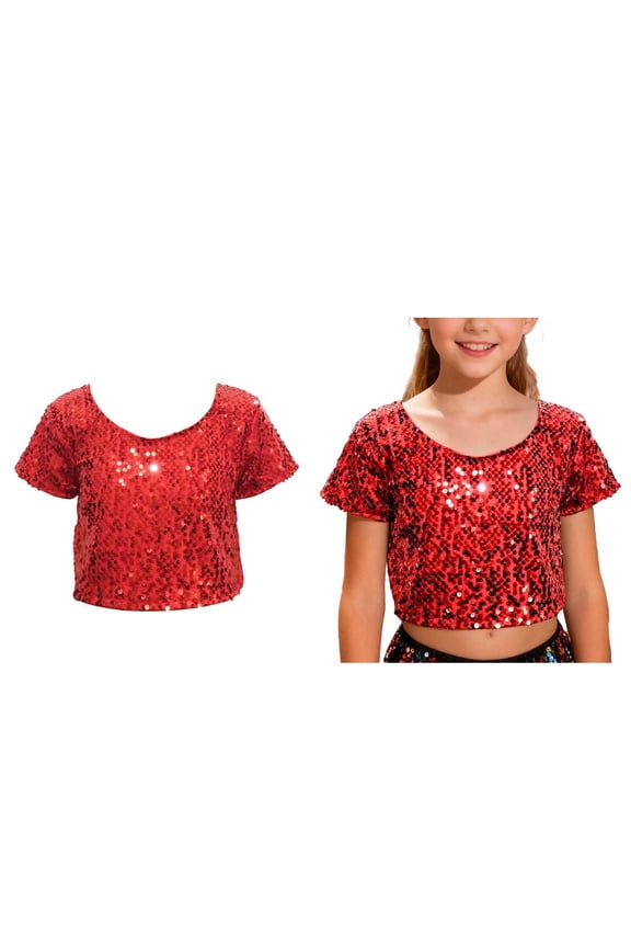 Kids Boys Girls Sparkly Sequin Crop Tops Short Sleeves Y2K Top Latin Jazz Ballet Performance One Size