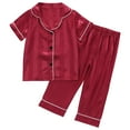 thumbnail image 1 of Kids Boys Girls Striped Pajama Sets Satin Silk 2 Piece Sleepwear Pjs Set Short Sleeve Button Down Top Pants Loungewear, 1 of 8
