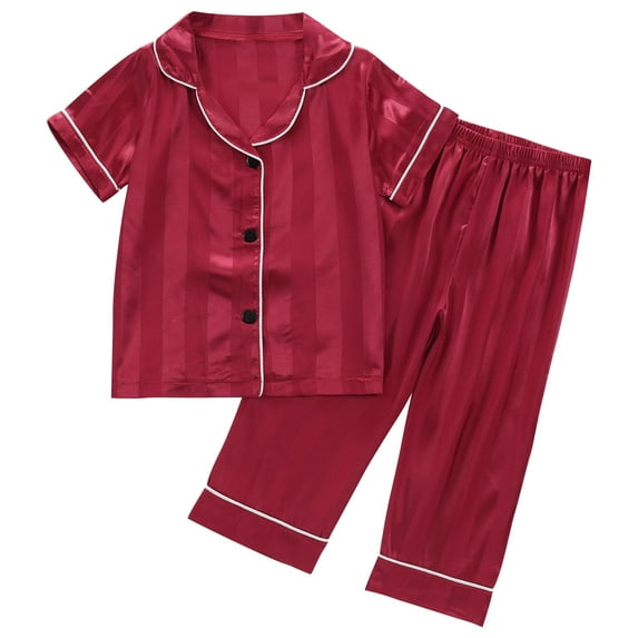 Kids Boys Girls Striped Pajama Sets Satin Silk 2 Piece Sleepwear Pjs Set Short Sleeve Button Down Top Pants Loungewear