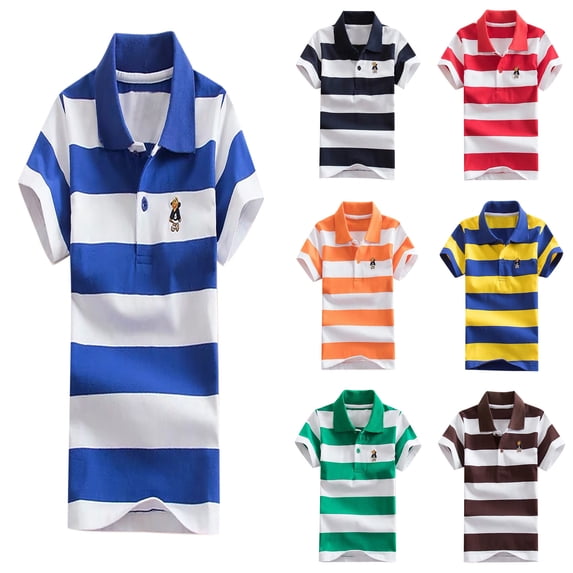 Kids Boys Girls Striped Polo Shirt, Short Sleeve Button Casual Top,Soft Cotton School Uniform Preppy Shirt,Summer Tee for Boys Girls,3-14 Years