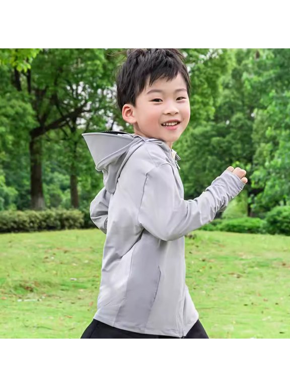 Kids Boys Girls Sun Protective Clothing Lightweight UV Jacket Children's Sunscreen Coat Zipper Opening Hooded Face Neck Protection Ice Gray M