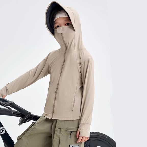 Kids Boys Girls Sun Protective Clothing Lightweight UV Jacket Children's Sunscreen Coat Zipper Opening Hooded Face Neck Protection Ice Khaki S