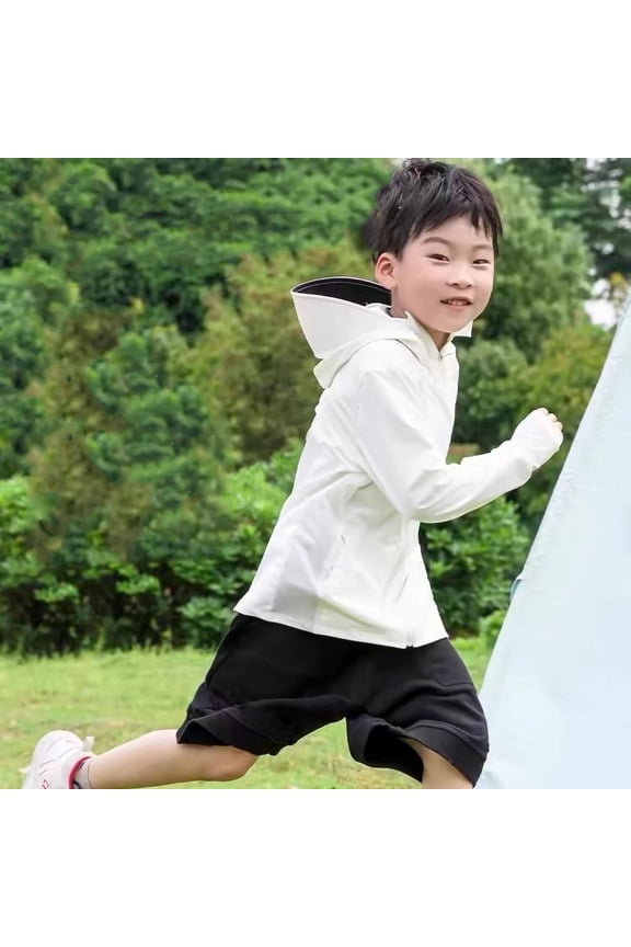 Kids Boys Girls Sun Protective Clothing Lightweight UV Jacket Children's Sunscreen Coat Zipper Opening Hooded Face Neck Protection Ice White S