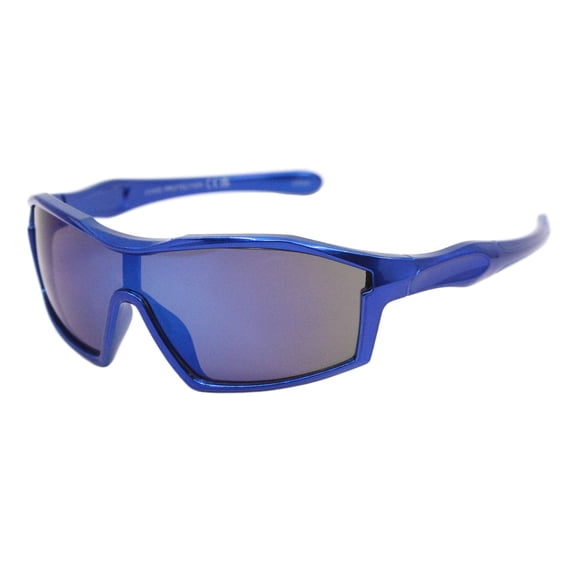 Kids Boys Girls Sunglasses Geometric Sporty Wrap Around Blue, Blue Mirror UV400