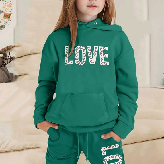 Kids Boys Girls Sweatsuit Set 2 Piece Long Sleeve Dark Green Hooded Sweatshirt Sweatpants Set Fall Winter Clothes Little Girls Clothes 3-4 Years