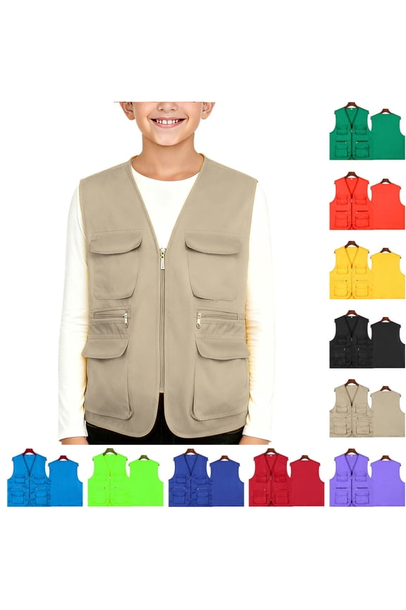 Kids Boys Girls Utility Vest with Multi Pockets Zip Front Lightweight School Outfit Layer for Back to School Khaki 7-8Years