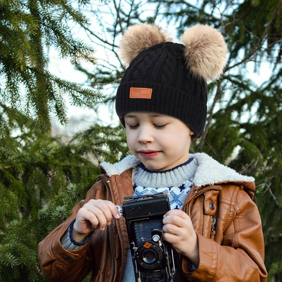 Kids Boys Girls Winter Beanie Hat Toddler Warm Fleece Lined Knit Thick Beanies Cap with Double Pom Pom