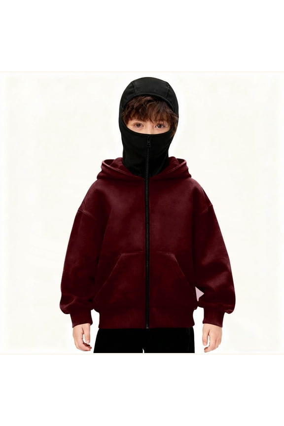 Kids Boys Girls Zip up Ski Mask Jackets Winter Balaclava Hoodies Windproof Oversized Hooded Sports Sweatshirts New Girls Long Sleeve Tees Wine 4-5 Years