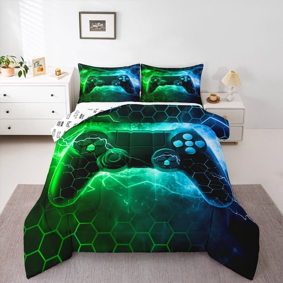 Green Gamer Bedding Set,Honeycomb Gaming Comforter Set Lightning Gamepad Comforter Game Room Decor Duvet Set Decor Quilt Set Bedding Collection