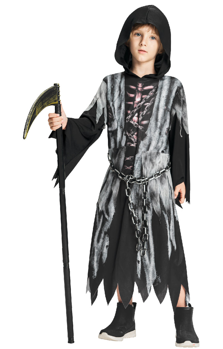 Costume De Faucheur Halloween Enfants - Ensemble Avec Robe, Capuche, Faux, Lunettes Lumineuses, Gants, Taille L 120cm