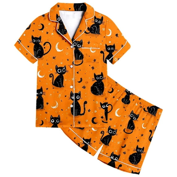 Kids Boys Halloween Pajamas Set Pumpkin Ghost Bat Print Girls Pajamas Set Silk Satin Short Sleeve Button Down Nightwear with Shorts Set Kids Girls Clothes Size 8-9 Years