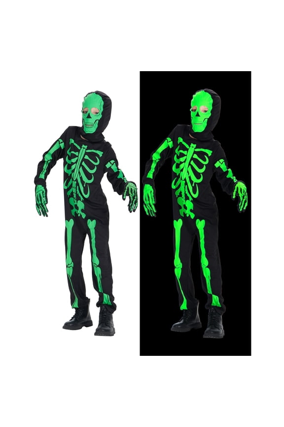 Kids Boys Halloween Skeleton Costume Glowing in The Dark with Mask Gloves Fancy Dress Outfit Green 4-12 Years