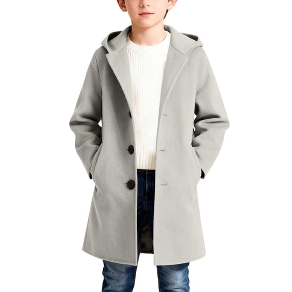 Kids Boys Hooded Trench Coats Wool Blend Lightweight Peacoats Winter Wamry Coats (Grey)